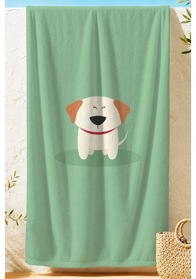 Köpek Figürlü Çocuk Plaj Havlusu - Sevimli Minimalist Yeşil Çocuk Hızlı Kuruyan Mikrofiber Havlu Kumlu İncir