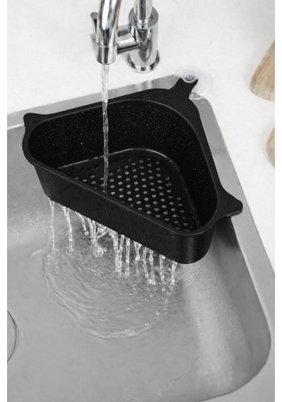 Sas Haus Vantuzlu Üçgen Lavabo Süzgeci Mutfak Evye Köşe Süzgeci Siyah Siyah