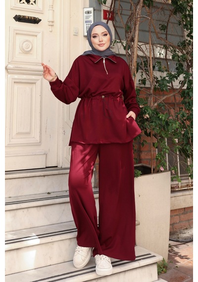 Balenbi Kadın Oversize Kesim Fermuarlı Yaka Bel Stoperli Modal Takım 1234 Bordo