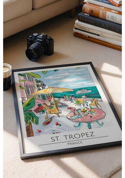 Fransa St. Tropez Temalı Çerçeveli Tablo Travel Serisi Modern İllüstrasyon Sahil Duvar Dekoru Siyah