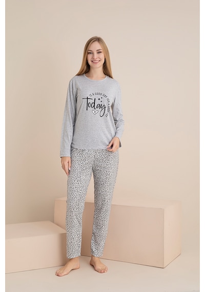Rindahomewear Kadın Today Baskılı Süprem Uzun Kol Pijama Takımı Gri1