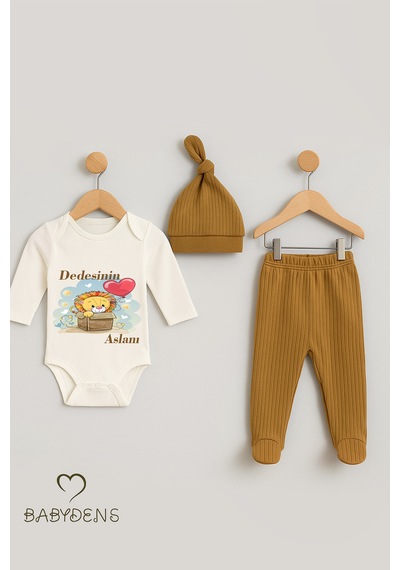 Babyden's Dedesinin Aslanı Baskılı 3 Lü Bebek Takımı Pamuklu Fitilli Kumaş Şapka,patikli Alt ,uzun Kollu Zıbın Açık Kahverengi