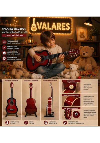 Valares Qcg3024 34 1/2 Yarım Boy Klasik Gitar Kırmızı Askı Aparatlı Çocuklar İçin İdeal Kolay Çalım
