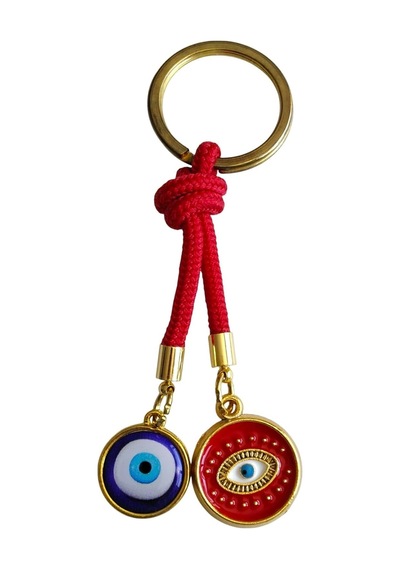Mavi Kırmızı Nazar Boncuklu Anahtarlık - Premium Metal Halkalı Koruyucu Charm