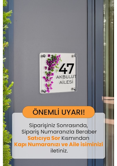 Kişiye Özel Mor Sarmaşık Çiçekli Kapı İsimliği Beyaz
