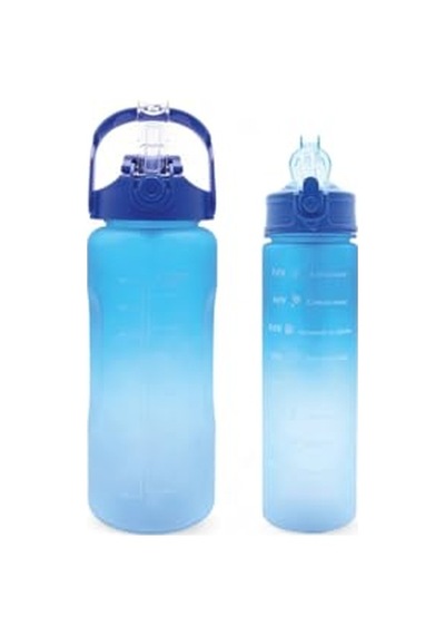 2'li Motivasyonel Matara Seti, 2000-900 Ml, Mavi, Tritan Malzeme, Sporcu Su Matarası Çok Renkli