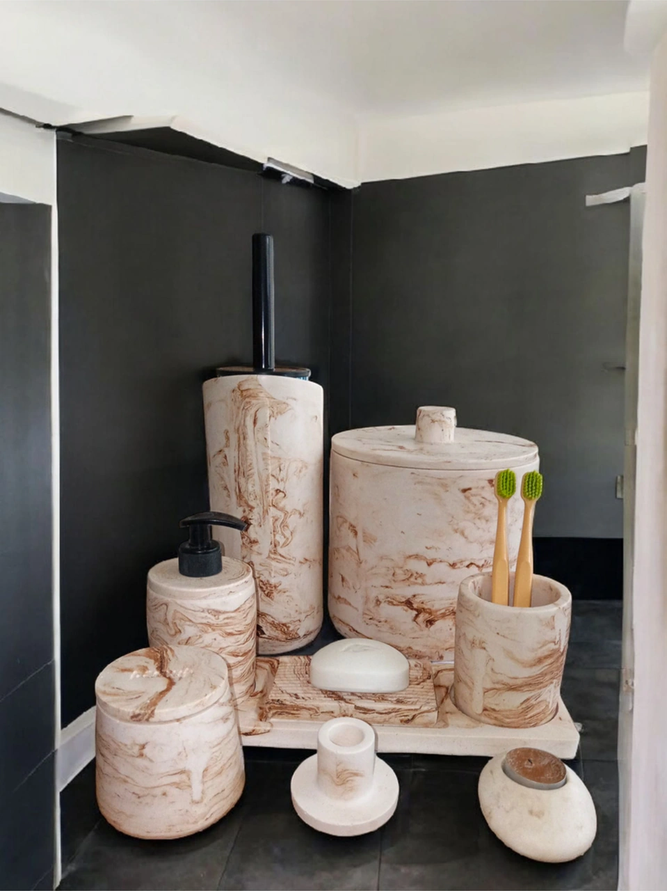Mermer Desen Beton Banyo Seti,tuvalet Wc,çöp Kova,sabunluk ,diş Fırçalığı,tepsi,aksesuar,dekorasyon Bej