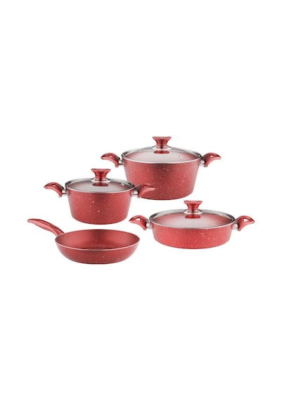 7 Parça Granit Set Cam Kapak - Kırmızı Kırmızı