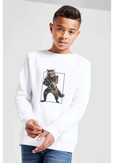 Tshirthane Rakun Rocket Baskılı Unisex Çocuk Beyaz Sweatshirt Beyaz