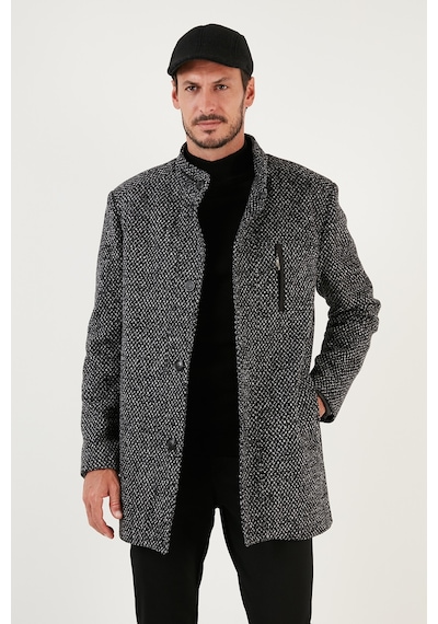 Buratti Düğmeli Dik Yaka Kırçıllı Slim Fit Kaşe Erkek Kaban 5841016 Siyah Noktalı