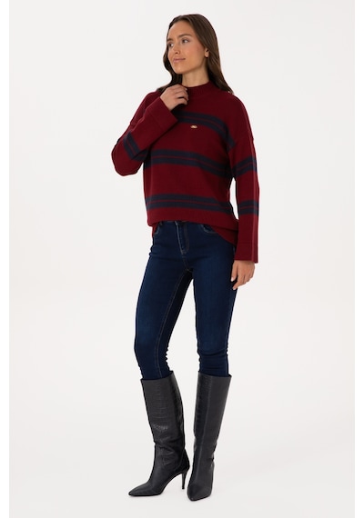 U.S. Polo Assn. Kadın Bordo Balıkçı Yaka Çizgili Kazak 50314666-VR014
