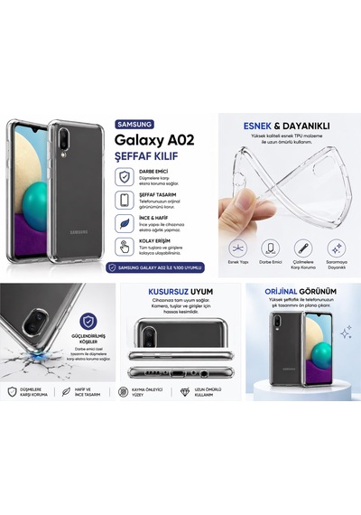 Samsung Galaxy A02 Uyumlu Şeffaf Silikon Kılıf Darbe Emici İnce Esnek Koruma Kapak