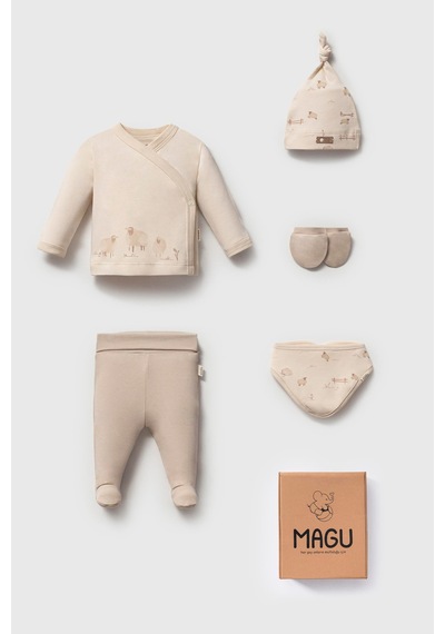 Magu Unisex Bebek Pamuklu Bej Koyun Desenli 5'li Yenidoğan Hastane Çıkış Seti