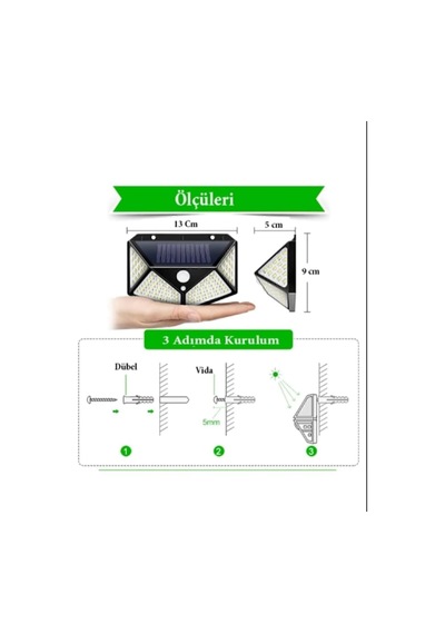 Solar Led Bahçe Lambası, 100 Led Hareket Sensörlü 13x9x5 Cm, 3 Modlu Güneş Enerjili Solar Lamba