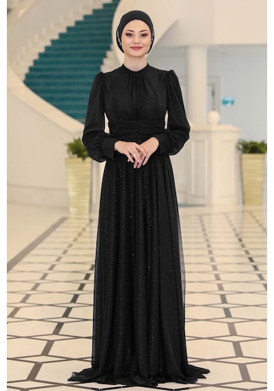 Raika Moda Şık Tasarım Tül Kübra Abiye Siyah