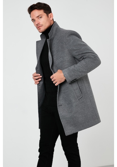 Buratti Slim Fit Tek Yırtmaçlı Düğmeli Mono Yaka Kaşe Erkek Kaban 5840098 Açık Gri