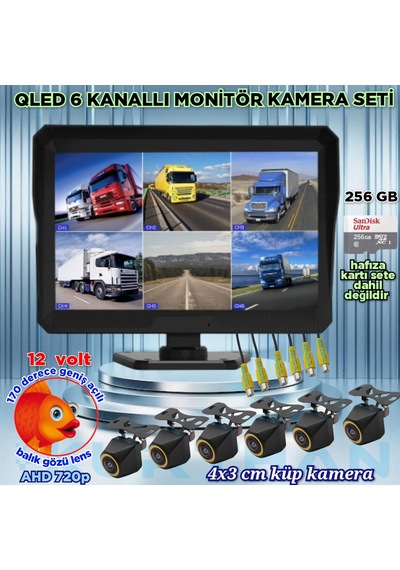 4x3 Cm. Küp Ahd 720p 170 Derece Balık Gözü Lens Kamera Qled Ekran 10'' Dvr Monitör 12 V 256 Gb