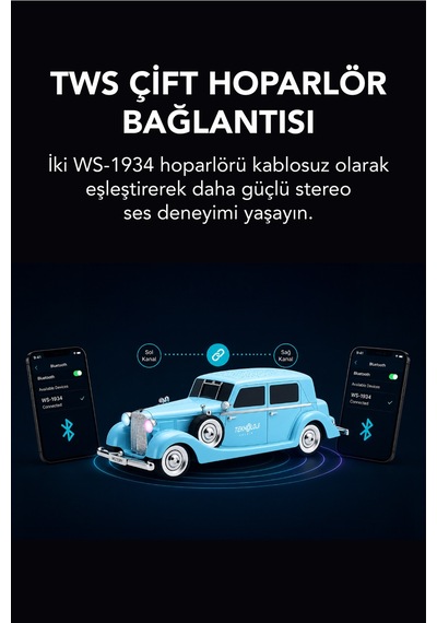Retro Bluetooth Hoparlör 10w Vintage Araba Tasarımlı Fm Radyo Usb Tf Kart Destekli Tws Stereo