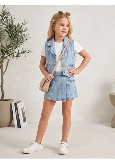 Zekids Kız Çocuk Tasarım Kot Yelek-17319 Mavi