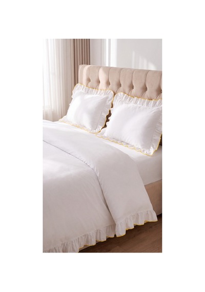 %100 Pamuk Overloklu Fırfırlı Çift Kişilik Nevresim Takımı Lastikli Çarşaflı 200x220 Cm Sarı - 904804703 Sarı