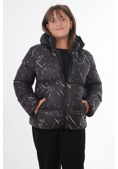 Kız Çocuk Çıkabilir Kapüşonlu Su Ve Rüzgar Geçirmez Cepli Kışlık Şişme Mont & Kaban & Parka-61 Siyah