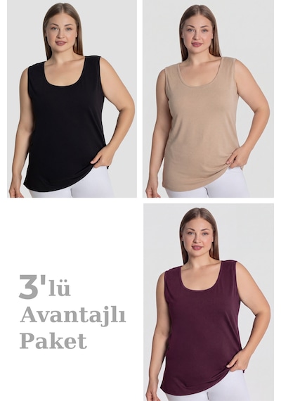 Arma Yıldız Kadın Pamuklu Büyük Beden Kalın Askılı Atlet 3'lü Paket Siyah Mürdüm Bej
