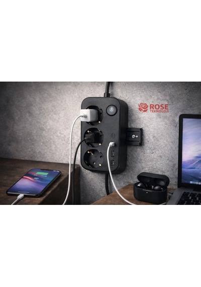 3 Priz 2 Usb 2 Type-c Girişli Akım Korumalı Ve Güvenlik Kapaklı 2m Uzatma Kablolu Priz 0 - 2 M
