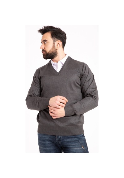 Nacar Store Erkek Füme Ince Yün Triko Örgü V Yaka Kazak
