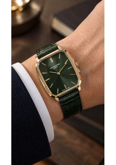 Lee Cooper Haki Deri Kayış Yeşil Kadran 32 Mm Dikdörtgen Erkek Kol Saati, Bileklik Hediyeli Gold