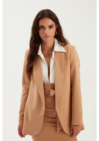 Sateen Klasik Yaka Uzun Ceket - Camel