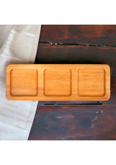 Doğal Ahşap Çerezlik & Sunumluk Üç Gözlü 12x34 Cm