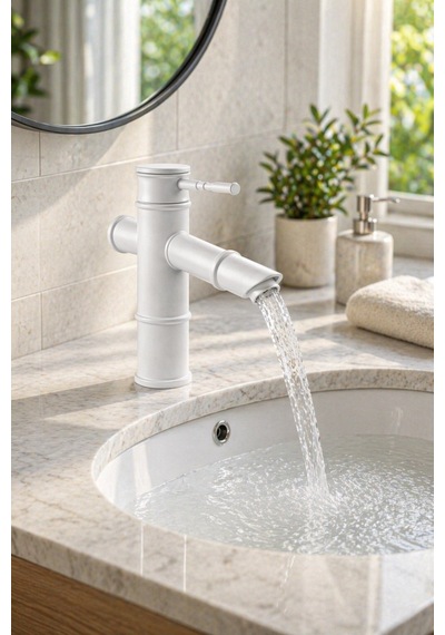 Viosa Premium Bambu Beyaz Banyo Lavabo Bataryası Çeşmesi Musluğu Modern Musluk Siyah