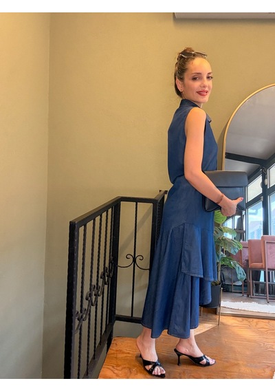 Ali Butik Koyu Mavi Düğmeli Elbise