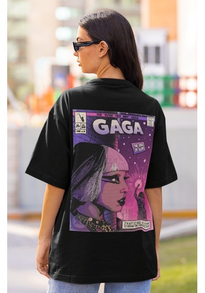 Sevbano Tasarım Lady Gaga Sırt Baskılı Unisex Oversize Şarkıcı Tişört Siyah