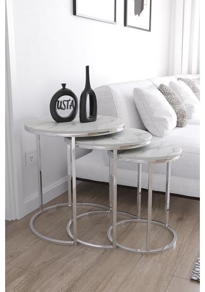 Usta Mekan Gümüş Metal Beyaz Mermer Desen Mdf Tabla Zigon Sehpa Gümüş Beyaz Mermer