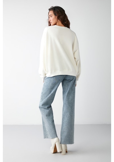 Grimelange Vaneltına Kadın Içi Polarlı 3 Iplik Organik Pamuk Oversize Basic Bisiklet Yaka Vanilya Sweatshirt