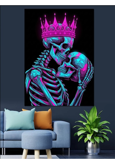 Ahşap Tablo Neon Işıklı İskelet Aşkı Portresi