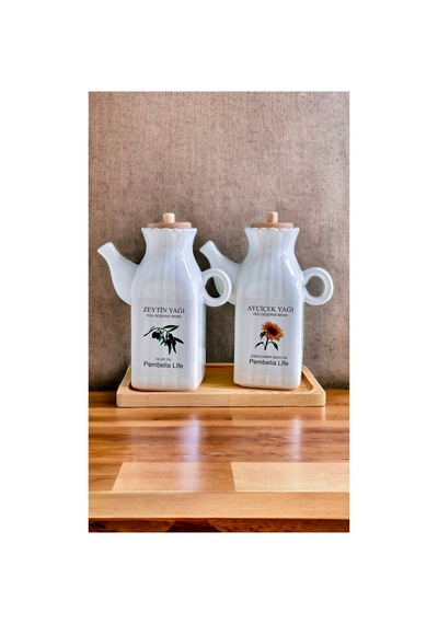 Bambu Standlı Etiketli Kare 2 Li Porselen 1000 Ml Yağdanlık Seti Yağlık Takımı Beyaz 610589906 Beyaz
