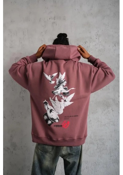 Veraura Lifestyle Erkek Şapkalı Güvercin Baskılı Kapşonlu Sweat - Gül Kurusu S Gülkurusu