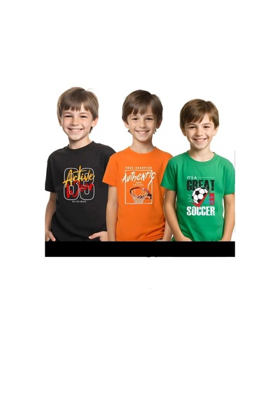 Fyk Kids Unisexs 3lü Çocuk Baskılı Basic Kısa Kollu T-shirt Çok Renkli