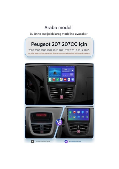Otolas 2009-2013 Peugeot 207 Için 8+128gb, 10 Inç Carplay Destekli, Kameralı Multimedya Navigasyon Ekranı 10"