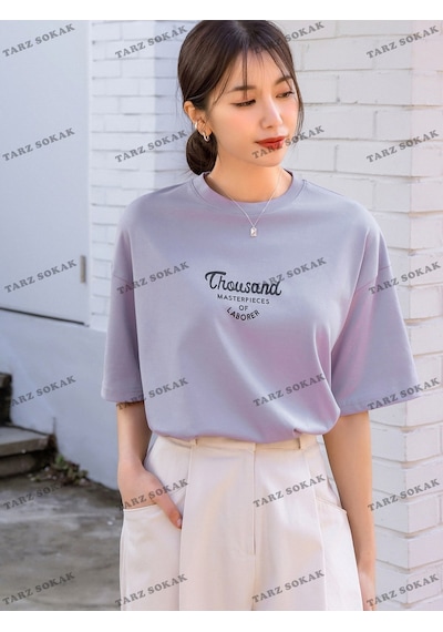 Flood Of Style Unisex Bay Harfli Grafik Düşük Omuzlu Tişört Kod-1386 Mor