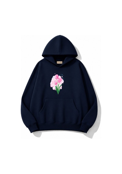 Herkesemoda Lale Baskılı Kapüşonlu 2 İplik Şardonlu Sweatshirt Lacivert