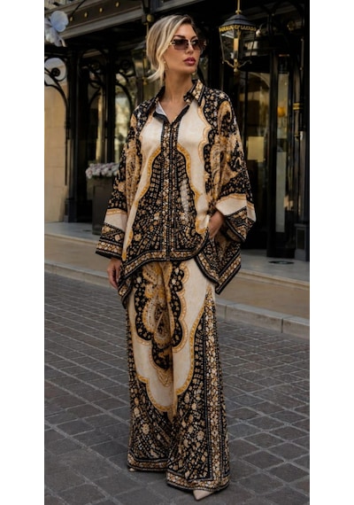 Tencelle Woman Kadın Jessica Kumaş Etnik Desenli Salaş Oversize Gömlek Pantolon İkili Takım Siyah Ekru Siyah Gold Tencelle Woman Kadın Jessica Kumaş Etnik Desenli Salaş Oversize Gömlek Pantolon İkili Takım Siyah Ekru Siyah Gold