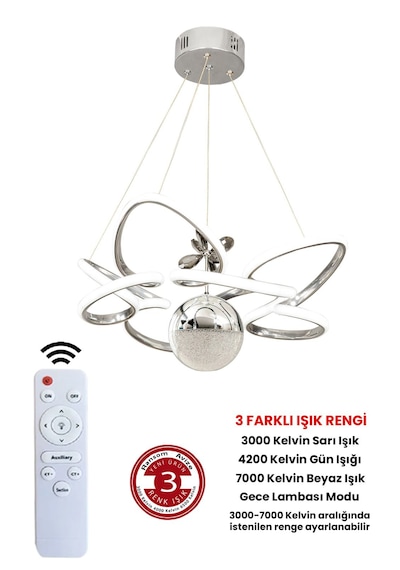 Ransom Modern 3 Renk Kumandalı Büyük Boy Toplu Salon Led Avize Krom