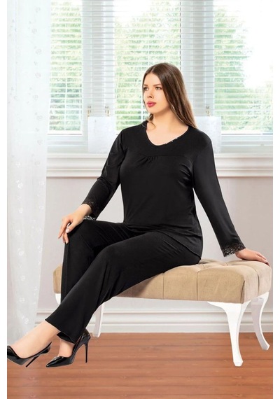 Faal 8808 Kadın Büyük Beden Uzun Kollu Pijama Takım-siyah Siyah