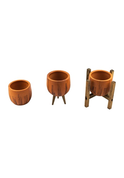 Bitki Tasarımı Ev Dekorasyon Siyah Çizgi Desenli Terakota Toprak Saksı Saksılık Salon Çiçeklik Üçlü Set 12 Cm
