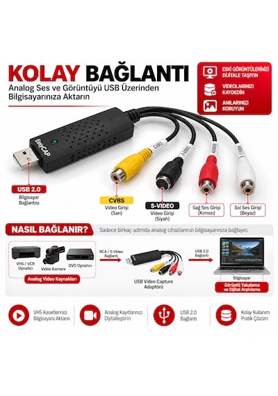 Luve Store Usb Easycap 4 Kanal Video Capture Kayıt Kartı Rca S-video Analog Görüntü Aktarma Dönüştürücü Pal Ntsc