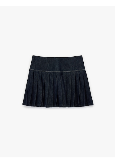 Koton Pamuklu Rahat Kesim Pileli Mini Denim Etek Koyu İndigo 6sal70021md