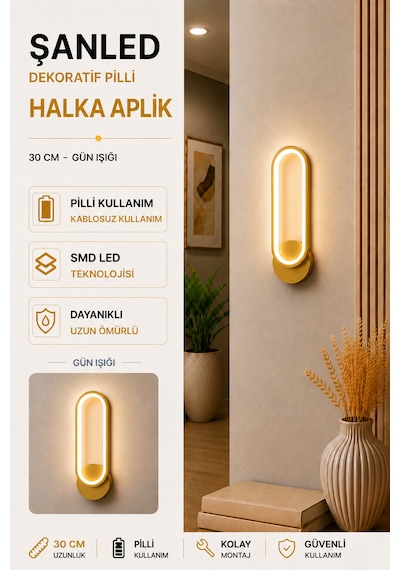 Dekoratif 20w Halka Modeli İç Mekan Gold Kasa Gün Işığı 30 Cm Duvar Aplik Pilli